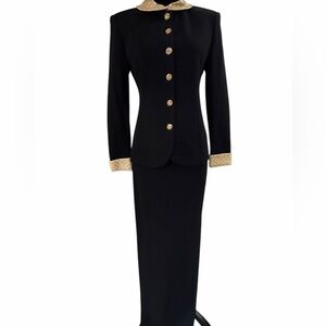 Vintage St. John Evening Black Knit Skirt Suit Gold Beaded Collar Cuffs USA Sz 2